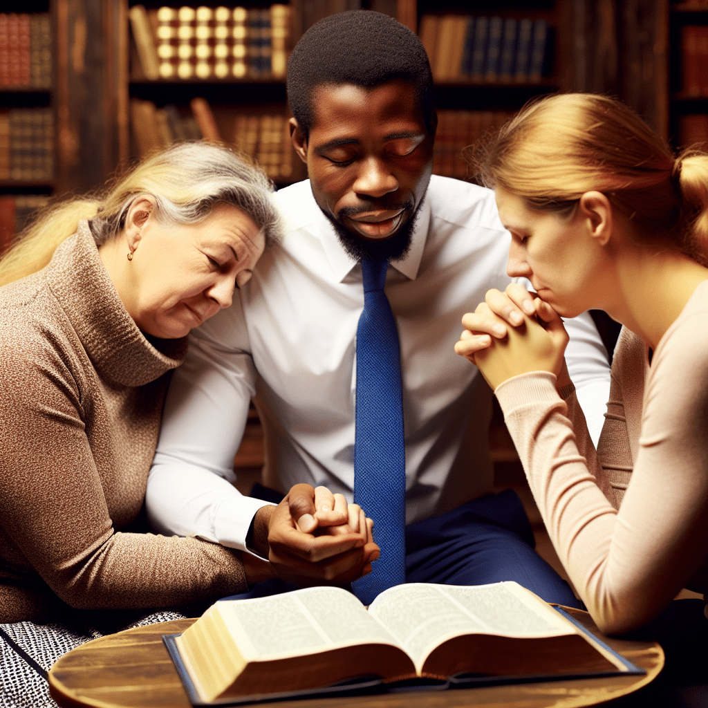 A counselor guiding a praying couple through scripture.