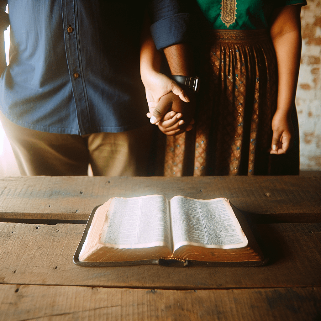 A couple holding hands over a Bible.