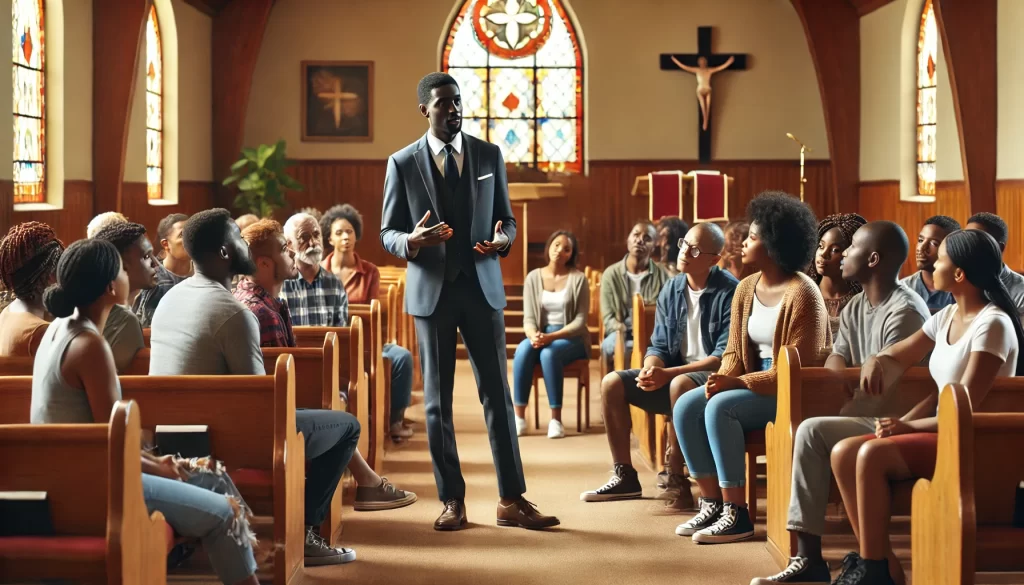 Dall·e 2024 07 05 15. 05. 20 a black christian counselor coaching a black community in a church setting. The counselor is standing at the front speaking passionately and engaging