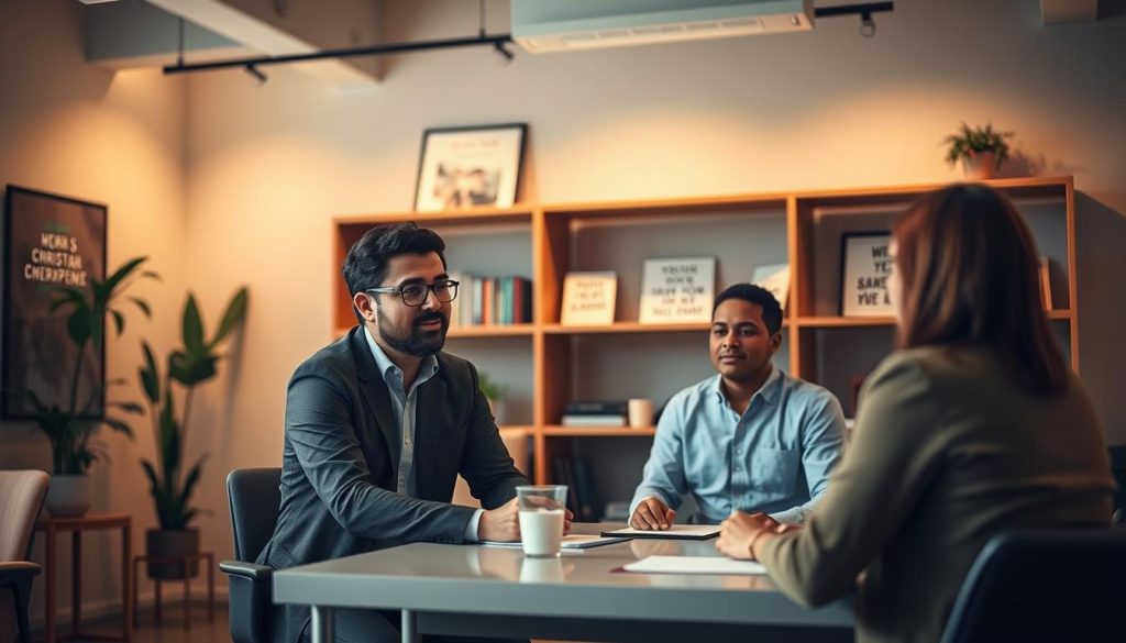 A modern, inviting office interior with warm lighting and wooden accents. In the foreground, a Christian entrepreneur sits at a desk, offering counsel and guidance to a small business owner. Shelves in the background display books on faith-based entrepreneurship and motivational decor. The space radiates a sense of community, professionalism, and a dedication to helping Christian entrepreneurs thrive. Muted colors and soft shadows create an atmosphere of thoughtful discussion and spiritual support.