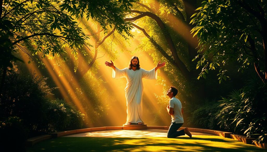 A serene garden sanctuary, bathed in warm, golden light streaming through the canopy of lush, verdant foliage. In the center, a figure of Christ, radiating an aura of divine peace and grace, extends His hands in a gesture of healing and restoration. Kneeling before Him, a person in humble reverence, their face uplifted, eyes closed, as they surrender their burdens to the Savior. The atmosphere is one of profound spiritual transformation, a sacred moment of encounter with the Divine, where the weight of the world is lifted, and the heart is filled with the restorative power of Christ's love.