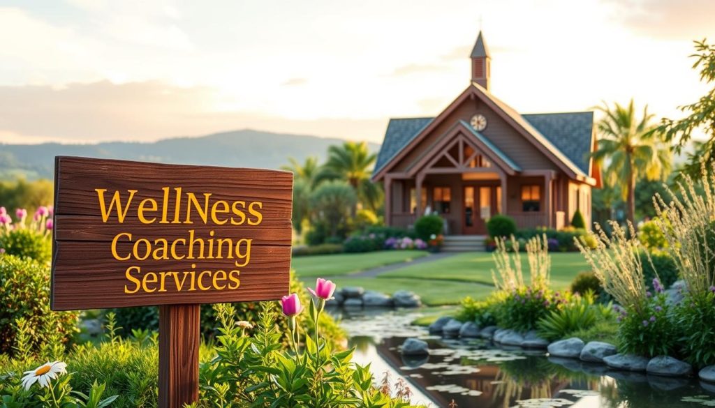 A serene landscape with a wooden sign that reads "Christian Wellness Coaching Services" in a warm, calming font. In the foreground, a peaceful garden with lush greenery, flowers, and a tranquil water feature. In the middle ground, a cozy, inviting building with a traditional Christian architectural style, complete with a steeple and stained-glass windows. The sky is painted in soft, pastel hues, creating a gentle, uplifting atmosphere. The lighting is soft and natural, casting a soothing glow over the entire scene. The overall mood is one of spiritual rejuvenation, wellness, and a deep connection with the divine.