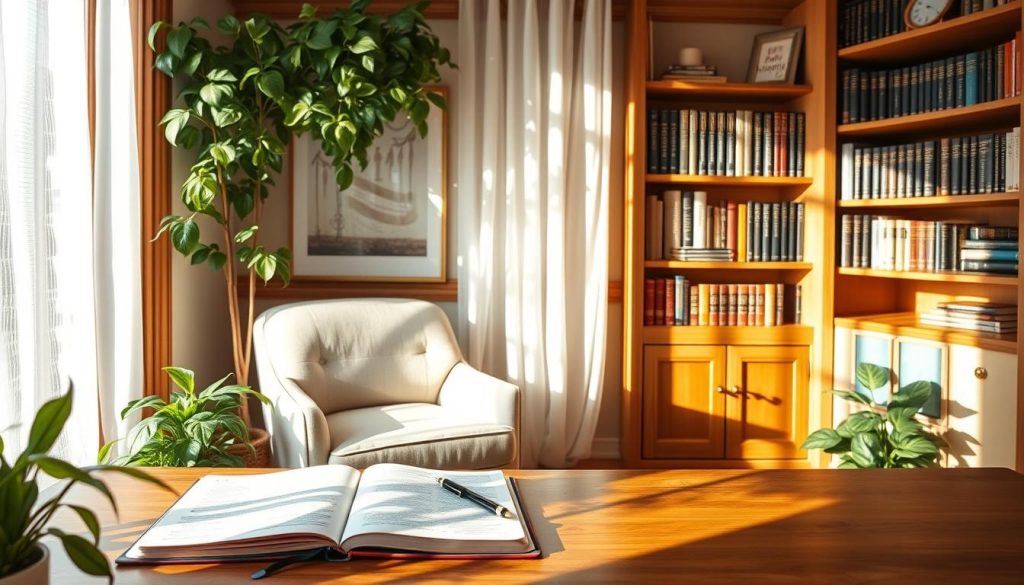A serene, sun-dappled scene of a cozy home office, adorned with warm wooden accents and lush greenery. A comfortable armchair sits near a large window, inviting contemplation. On the desk, a open notebook and pen await, suggesting the process of wellness coaching. Soft, natural lighting filters through sheer curtains, creating a calming, introspective atmosphere. In the background, bookshelves filled with volumes on Christian spirituality and self-improvement reflect the holistic, faith-based approach to wellness coaching.