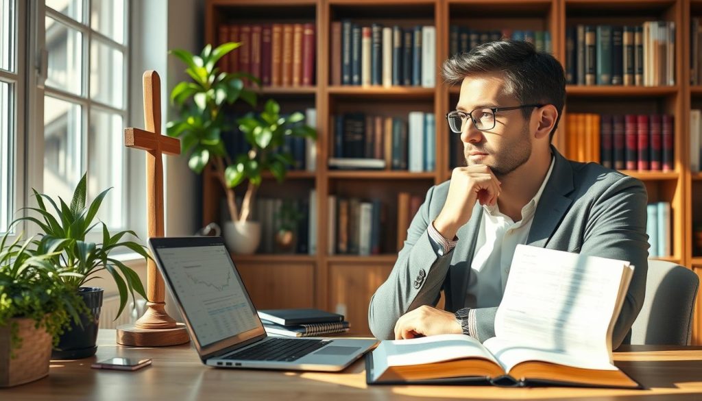 A serene, sunlit office space, adorned with a wooden cross, a copy of the Bible, and a few thriving potted plants. In the foreground, a laptop displays financial reports, while the entrepreneur, dressed in business attire, contemplates strategies for integrating faith-based principles into their company's operations. The background features a bookshelf filled with volumes on Christian leadership and entrepreneurship, subtly conveying the importance of a Christ-centered approach to business. The overall atmosphere exudes a sense of intentionality, balance, and a harmonious blend of faith and professional endeavors.