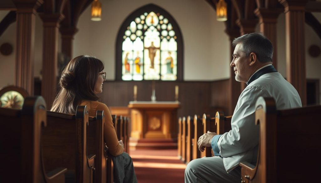 A serene, well-lit church interior with ornate wooden pews, stained glass windows, and a pulpit at the front. In the foreground, a counselor in formal clergy attire sits across from a person seeking guidance, their expressions conveying a sense of comfort and trust. The background features religious iconography and subtle, warm lighting, creating an atmosphere of spiritual solace. The overall scene evokes a safe, sacred space for Christian deliverance counseling, where individuals can find hope and healing.