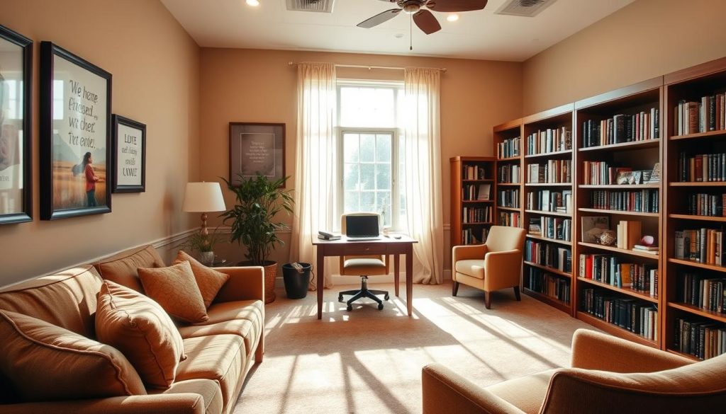 A warm, inviting interior of a counseling office, with natural lighting streaming through large windows. In the foreground, a comfortable couch and armchair in earth-toned fabrics, creating an atmosphere of safety and trust. On the walls, framed Christian artwork and inspirational quotes, reflecting the practice's faith-based approach. In the middle ground, a wooden desk with a laptop and some books, suggesting the professionalism and expertise of the counselors. The background features bookshelves filled with volumes on relationships, psychology, and spiritual growth, conveying the depth of knowledge and resources available. The overall mood is one of tranquility, care, and a focus on inner healing and restoration.