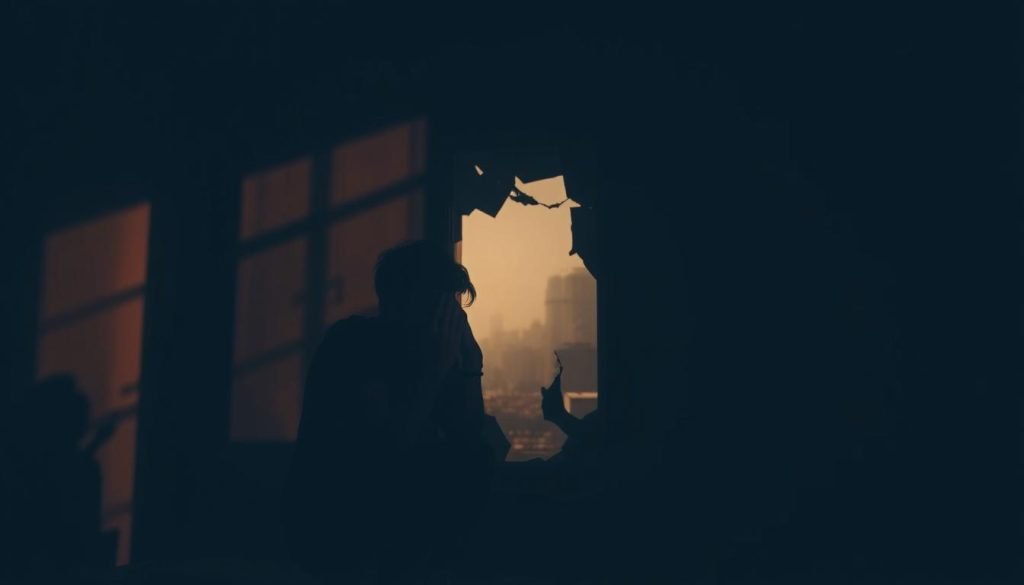 A dimly lit room, shadows stretching across the walls, casting an ominous atmosphere. In the foreground, a figure sits hunched, hands covering their face, expression conveying a sense of guilt and inner turmoil. The middle ground reveals a shattered mirror, reflecting the fragmented nature of the individual's psyche. In the background, a hazy, distorted cityscape symbolizes the corrupting influence of the world. Soft, warm lighting illuminates the scene, creating a sense of vulnerability and introspection. The overall mood evokes the complex, multifaceted nature of sin, going beyond mere actions to encompass the deeper psychological and spiritual struggle within the human condition.