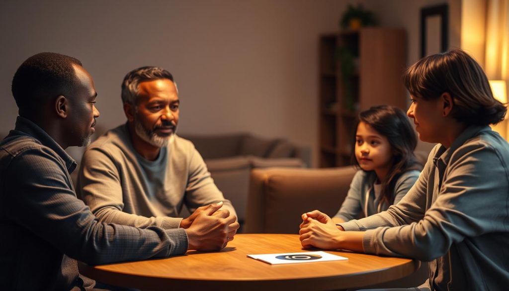 A dimly lit room, warm lighting casting a soft glow, with a family of diverse ethnicity - african-american, latin, and asian - seated around a circular table, engaged in a heartfelt discussion. The father, mother, and two children lean in, their expressions contemplative, as a christian counselor guides them, their hands clasped in an atmosphere of trust and understanding. The background blurs, focusing the viewer's attention on the meaningful exchange unfolding, a testament to the power of christian counseling in strengthening family bonds and providing a path forward.