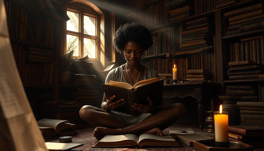 A dimly lit study, filled with ancient tomes and scrolls, illuminated by the soft glow of a single candle. In the center, a person of african-american, latin, or asian descent sits cross-legged, poring over a weathered, leather-bound book, their face a portrait of contemplation. Shafts of warm light stream through a nearby window, casting a golden hue on the scene, as if to imbue the space with a sense of divine guidance. The atmosphere is one of reverence and tranquility, inviting the viewer to pause and reflect on the power of scriptural wisdom to discern the difference between temptation and testing.