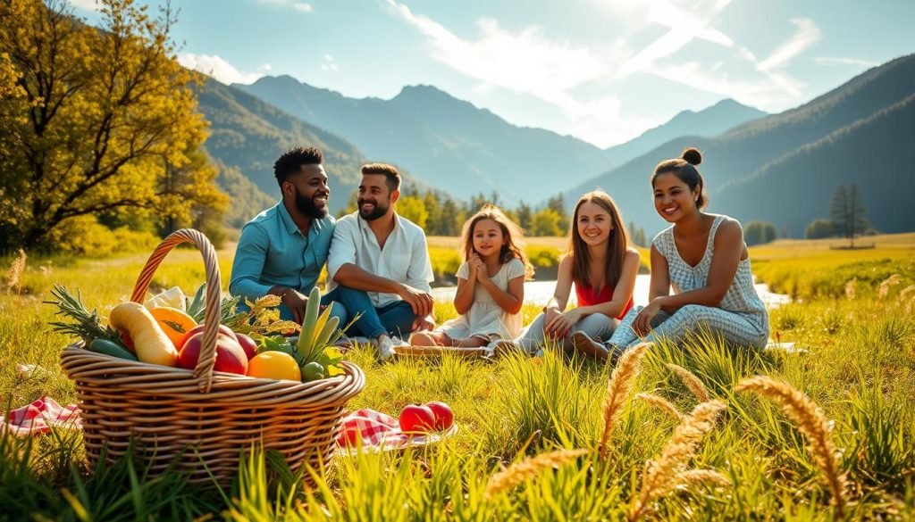 A serene, sun-dappled meadow with a family of diverse ethnicities – African-American, Latin, and Asian – seated on a picnic blanket. In the foreground, a bountiful basket overflows with fresh fruits, vegetables, and homemade bread, symbolizing God's abundant provision. The middle ground features a tranquil stream, its gentle current reflecting the warm, golden light of the afternoon sky. In the background, majestic mountains rise, their peaks kissed by wispy clouds, evoking a sense of awe and reverence. The scene exudes a palpable atmosphere of peace, gratitude, and unwavering faith in the divine care that sustains and nourishes this family. A serene, sun-dappled meadow with a family of diverse ethnicities – African-American, Latin, and Asian – seated on a picnic blanket. In the foreground, a bountiful basket overflows with fresh fruits, vegetables, and homemade bread, symbolizing God's abundant provision. The middle ground features a tranquil stream, its gentle current reflecting the warm, golden light of the afternoon sky. In the background, majestic mountains rise, their peaks kissed by wispy clouds, evoking a sense of awe and reverence. The scene exudes a palpable atmosphere of peace, gratitude, and unwavering faith in the divine care that sustains and nourishes this family.